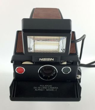 Vintage Polaroid SX - 70 Land Camera Alpha 1 Model 2 Brown Leather w/Nissin Flash 2