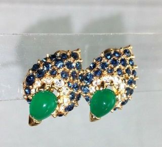 Vintage Boucher Peacock Feather Blue & Clear Rhinestones & Green Clip Earrings