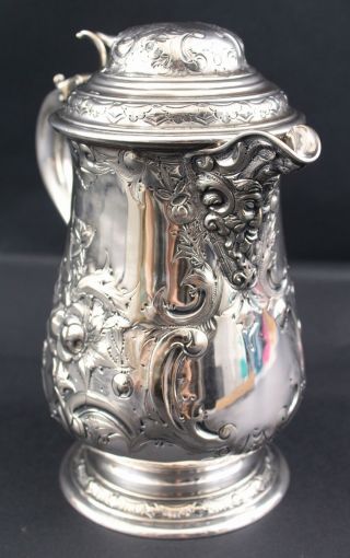 Antique 19thC Hallmarked Bacchus Face Hand Chased Silverplate Wine Pitcher 5