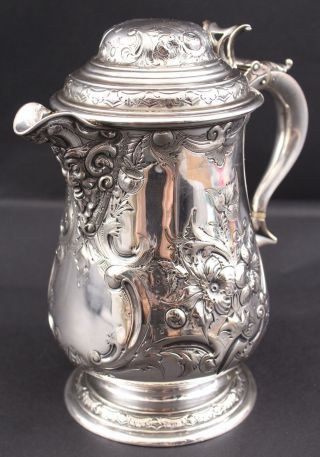 Antique 19thC Hallmarked Bacchus Face Hand Chased Silverplate Wine Pitcher 6