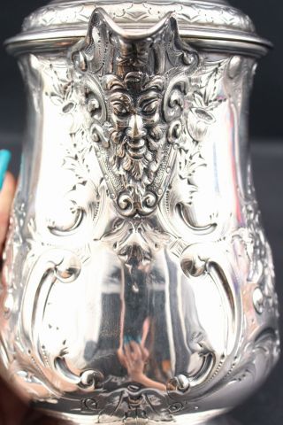 Antique 19thC Hallmarked Bacchus Face Hand Chased Silverplate Wine Pitcher 7