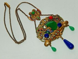 Vintage Art Deco Egyptian Revival Neiger Style Czech Enamel Glass Drop Necklace