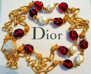 Vtg Christian Dior 42 " Ruby Poured Glass Gripoix Pearl Sautoir Runway Necklace