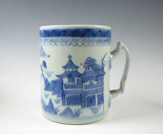 Antique Chinese Export Porcelain Blue And White Canton Mug 19th Century