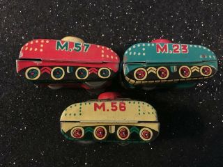 Vintage Modern Toys M.  15,  57.  & 58 Tin Litho Toy Tanks.  Push Makes Popping Noise