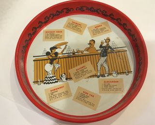 Vintage Red Metal Bar Beer Tray Cartoon Drink Cocktail Recipes Mod Retro Round