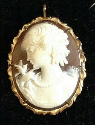 Hand Carved 14 Kt Gold Cameo Brooch / Pendant