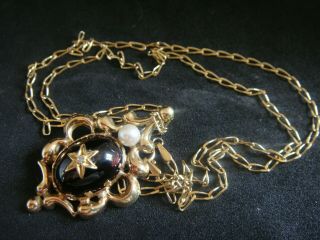 Vintage Bohemian Garnet Diamond & Pearl 9ct Gold Lavaliere Pendant 20 Ins Chain