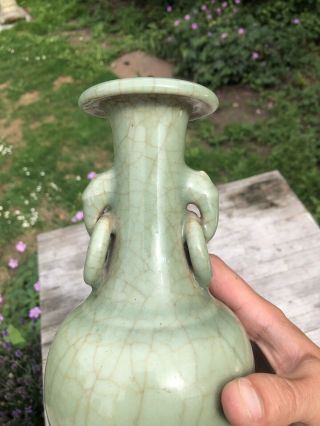 CHINESE CELADON PORCELAIN VASE CRACKLE DECORATION WITH RING HANDLES 2