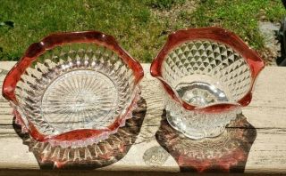 Queen Anne Glass Diamond Point Fluted Cranberry Side Dish And Cup / Bowl