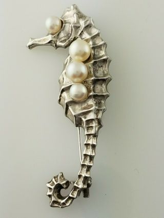 Vintage Sterling Silver & Pearl K Mikimoto Seahorse Pin / Brooch - Tokyo