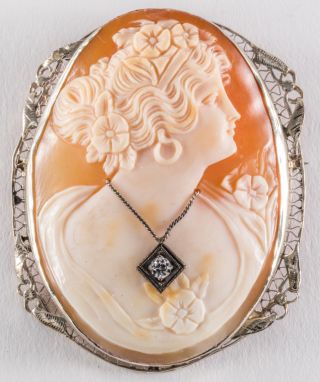 Antique 14k White Gold Filigree Cameo With Diamond Necklace Brooch/pendant
