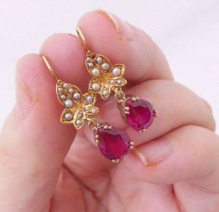 9ct Gold Pear Drop Ruby Natural Seed Pearl Earrings,  Art Nouveau Design