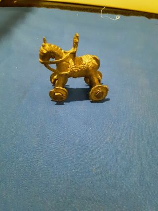 Antique 19th Century Bronze Indian Temple Toy Horse & Rider On Wheels Pull Hindu