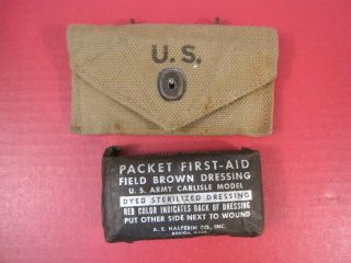 Wwii Us Army/usmc M1924 Khaki First Aid Pouch & Carlisle Bandage 1942 - Xlnt