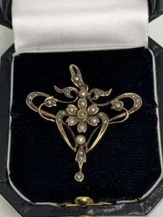 Antique Edwardian Art Nouveau 9ct Gold And Seed Pearl Pendant