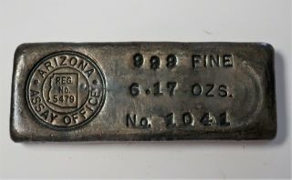 Very Rare Arizona Assay Silver Ingot - Fewer Than 50 Known - 6.  17 Ozs - 999 Fine