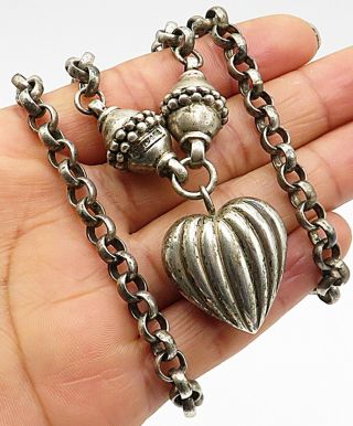 Espo Sig 925 Silver - Vintage Bali Designed Ribbed Love Heart Necklace - N1897