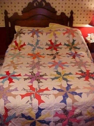 Vintage Hand Pieced Quilt,  Multicolored Fish Shaped Stars Design
