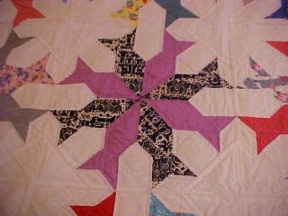 VINTAGE HAND PIECED QUILT,  MULTICOLORED FISH SHAPED STARS DESIGN 3
