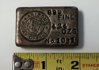 VERY RARE Arizona Assay Silver Ingot - Fewer Than 50 Known - 4.  24 OZS - 999 Fine 2