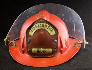Vtg Firefighter Helmet - Leather Badge - Msa Red - Independence,  Mo - Distressed