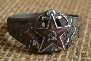 Russian Soviet Cccp Ww2 Red Star Silver Ring Hammer & Sickle