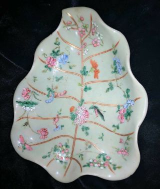 19thc Chinese Celadon Famille Rose Porcelain Dish / Bowl Qianlong Mark