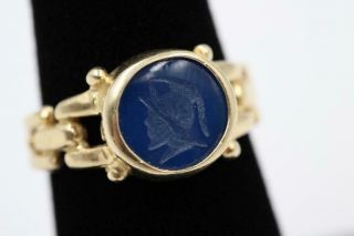 Stunning Vintage 14k Solid Yellow Gold Blue Intaglio Cameo Size 7 Ring