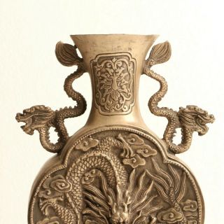 Chinese Silver copper Hand Carved Dragon Vase W Daqing Dynasty KT0049 2