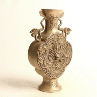 Chinese Silver copper Hand Carved Dragon Vase W Daqing Dynasty KT0049 5