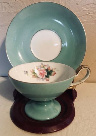 Vintage Demitasse Teacup & Saucer Turquoise Floral Hand Painted Japan Mk