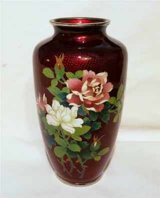 Vintage Japanese Cloisonne Vase In Blood Red Silver Top & Base 21.  59 Cm Height
