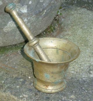 Antique 18th C Metalware Brass Mortar And & Pestle Colonial Revolutionary War