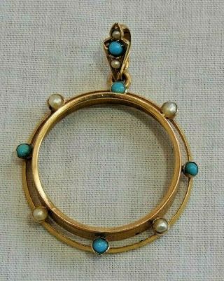 Antique 18k Yellow Gold With Turquoise & Pearls Open Circular Pendant