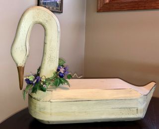 Swan Carved Solid Wood Very Large Figurine Distressed Statue Heavy 22 " Primitive