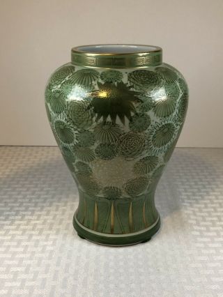 Rare Hand Painted Antique Japanese Kutani Jade Vase.  8.  5 " Tall.