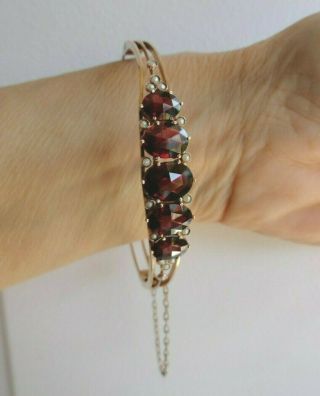 Victorian 9k Gold Bracelet 5 Oval Red Garnets & Seed Pearl Clasp