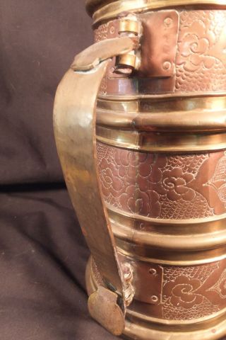 ANTIQUE / VINTAGE CHINESE BRASS & COPPER TANKARD PITCHER ELABORATE DECORATION 5