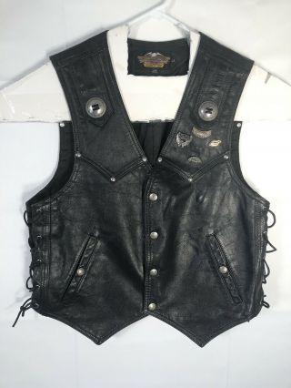 Vtg Harley Davidson Usa Made Black Leather Snap Button Motorcycle Vest Mens L