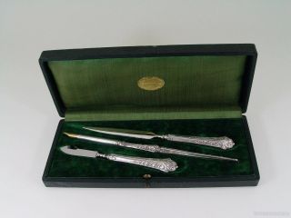 Lovely French Silver Laurel Leaves Berries & Ribbons Writing Set W/ Case