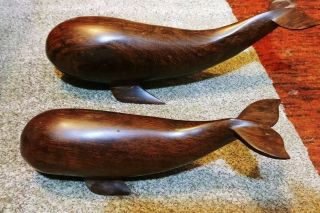 Vintage Mid Century 2 Hand Carved Wood Wooden Whales 12.  5 " & 9 " Whale Art