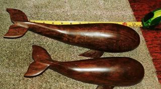 Vintage Mid Century 2 Hand Carved Wood Wooden Whales 12.  5 