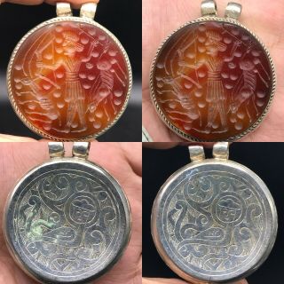Solid Silver Sassanian Old Unique Intaglio Agate Stone Stunning Pendent