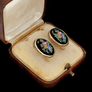 Antique Vintage Deco Retro 14k Gold Guilloche Enamel Porcelain Cluster Earrings