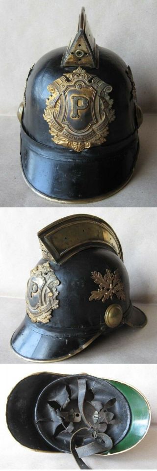Antique German Leather Officer Fireman Helmet / Extraordinary / Rarity