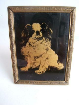 Vintage Brass Small Table Mirror W/ Dog Print On One Side Very Cute