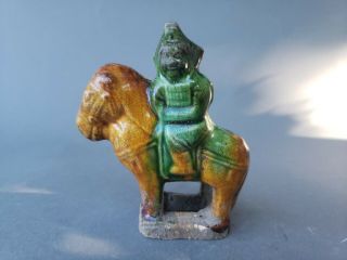 Antique Chinese Ceramic Glazed Pottery Figure Man On Horseback