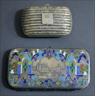 Collectible Pair French 19th C Silver Enamel Glass Cases Etui Box Topographic