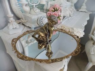 Antique Vintage Gold Ormolu Filigree Rose Mirrored Dresser Perfume Tray